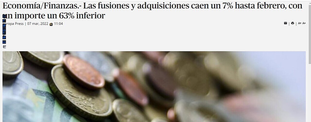 Las fusiones y adquisiciones caen un 7% hasta febrero, con un importe un 63% inferior